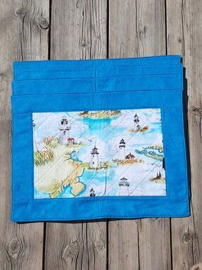 Handmade Quilted Placemats Set (4) Lighthouses Blue